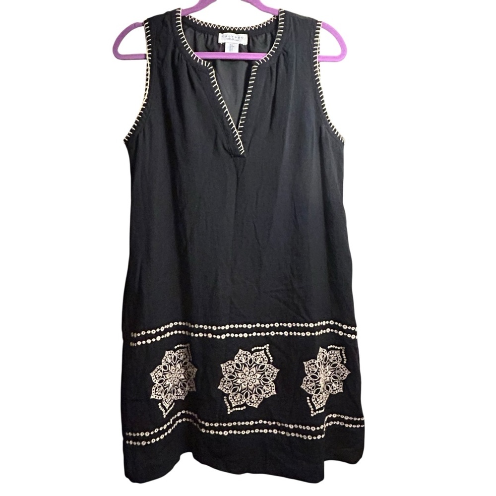 Calypso St Barth Black with Embroidery Tunic Dress with Pockets Size S